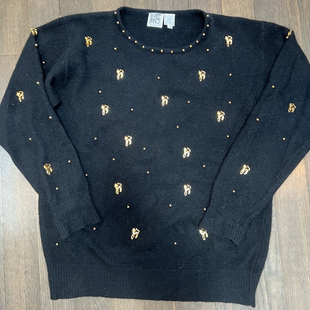 Vintage 9os Black Gold Cat Sweater Studded Crew Neck Womens Medium The He-Ro